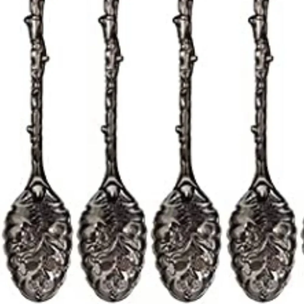 4 black tone Retro Coffee Spoons Crystal Alloy Spoons Vintage Carved Co…